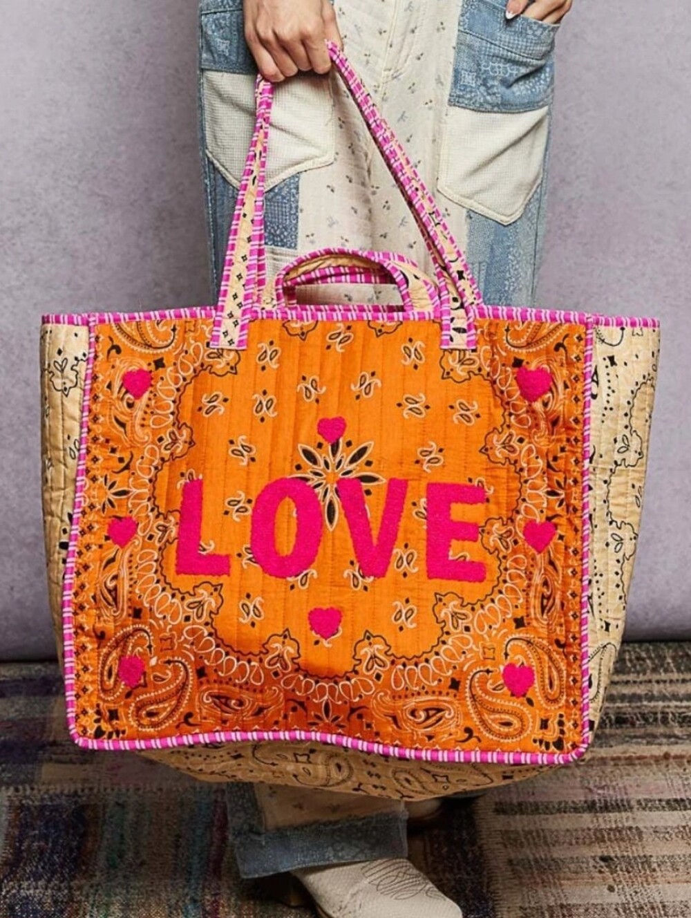 POL LOVE Bandana Quilted Tote Bag Textured Print In Orange/Pink Large NWT $98